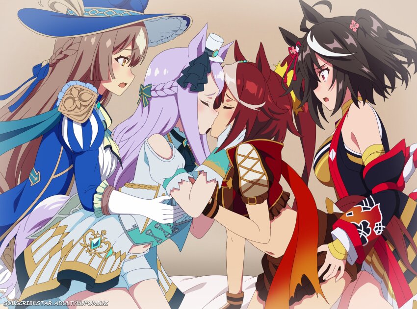 4girls animal_ears bow ear_ornament ear_ribbon eufoniuz highres horse_ears horse_girl horse_tail kitasan_black_(umamusume) mejiro_mcqueen_(umamusume) multicolored_hair multiple_girls purple_hair satono_diamond_(chevalier_bleu)_(umamusume) satono_diamond_(umamusume) tagme tail tokai_teio_(umamusume) umamusume yuri