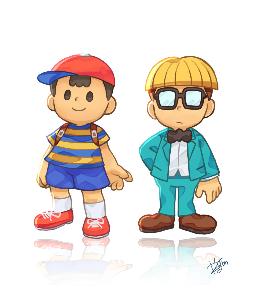 2boys black_bow black_bowtie black_hair bow bowl_cut bowtie brown_shoes closed_mouth commentary_request glasses green_jacket green_pants highres jacket jeff_andonuts male_focus mother_(series) mother_2 multiple_boys ness_(mother_2) nintendo pants red_shoes reflective_floor shirt shoes signature simple_background smile solid_oval_eyes striped_clothes striped_shirt white_background yanedx