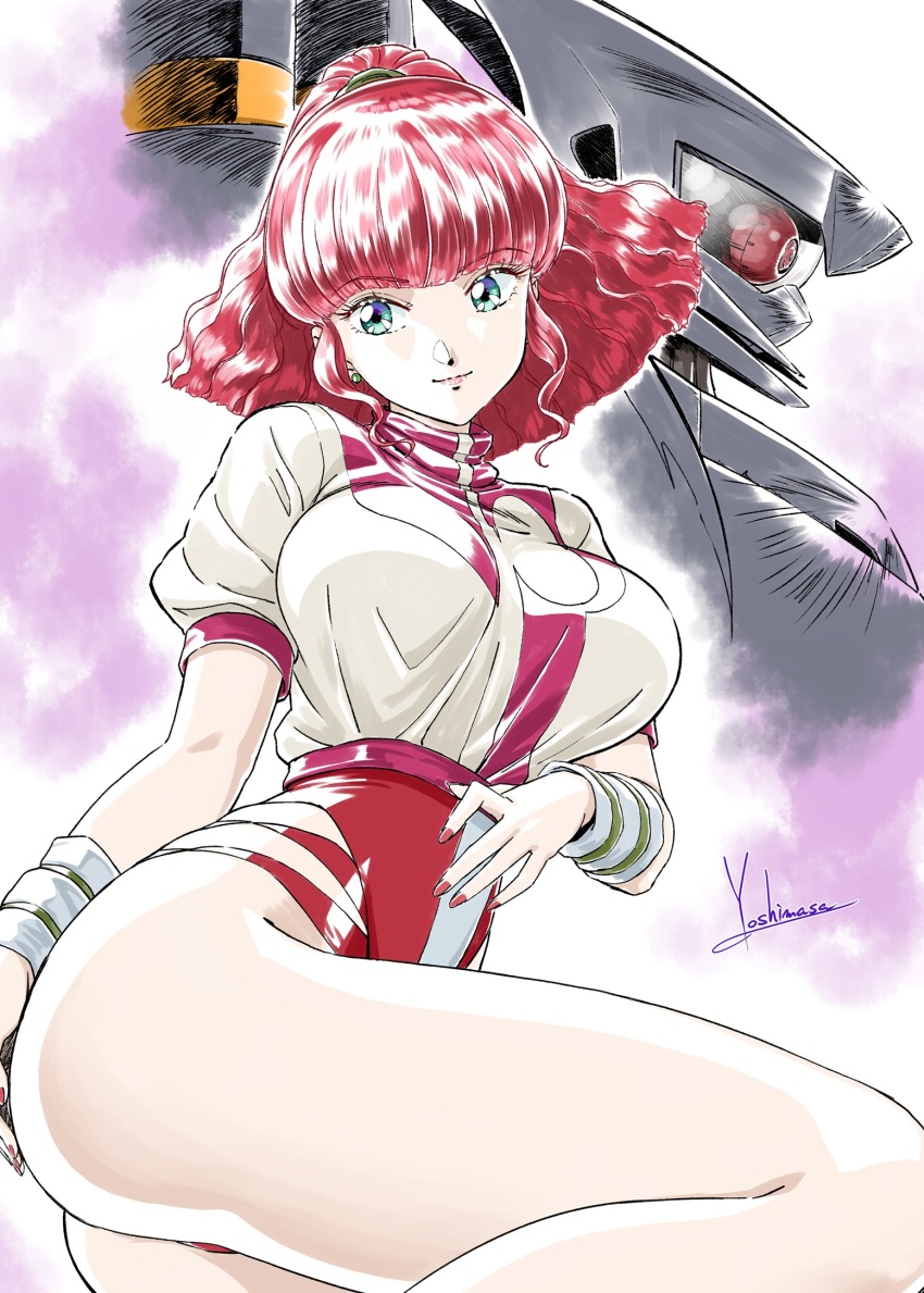 1980s_(style) 1girl breasts closed_mouth commentary_request crop_top earrings fingernails green_eyes highleg highleg_leotard highres jewelry jung_freud large_breasts leotard long_fingernails looking_to_the_side mecha nail_polish oldschool ponytail puffy_short_sleeves puffy_sleeves red_hair red_leotard red_nails retro_artstyle robot science_fiction shirt short_sleeves signature sitting sizzler smile super_robot thighs top_wo_nerae! top_wo_nerae!_(series) white_shirt yokozuwari yoshinaga_masahiro