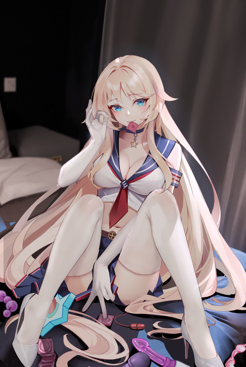 1girl absurdres anal_beads blonde_hair blue_eyes breasts choker cleavage condom condom_wrapper dildo egg_vibrator enterprise_(warship_girls_r) high_heels highres large_breasts long_hair looking_at_viewer on_bed pantyhose pleated_skirt sex_toy sitting skirt solo spread_legs uss_enterprise_(cv-6) vibrator warship_girls_r white_pantyhose xnnagu