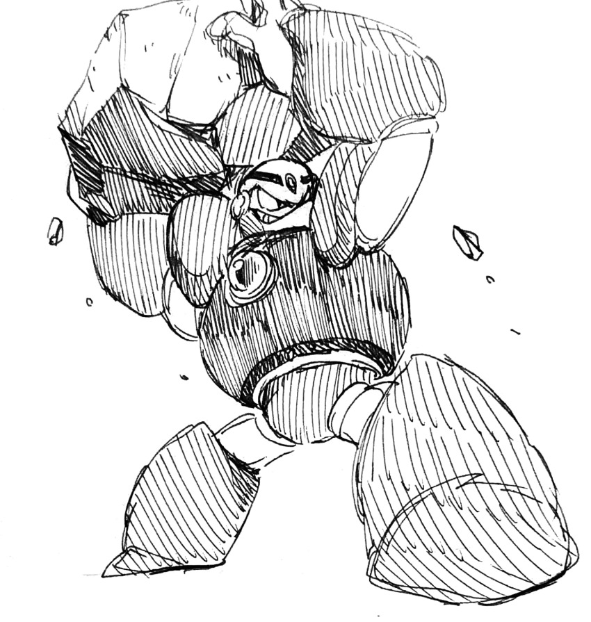 1boy boulder commentary full_body greyscale grin guts_man hard_hat helmet highres holding holding_rock humanoid_robot male_focus mega_man_(classic) mega_man_(series) mega_man_1 monochrome robot rock simple_background sketch smile solo standing strong takenokonoko traditional_media v-shaped_eyes white_background