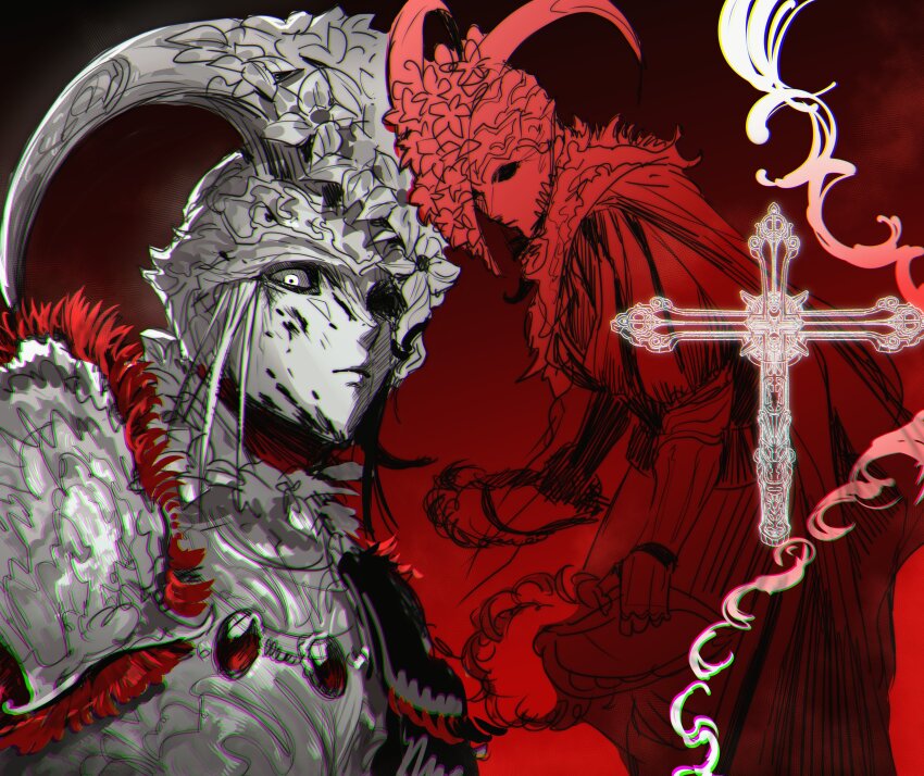 1boy absurdres armor black_blood blood blood_on_face closed_mouth cross elden_ring gem gradient_background hanny_(uirusu_chan) highres holding holding_weapon juno_hoslow limited_palette male_focus multiple_views red_background red_gemstone weapon white_eyes