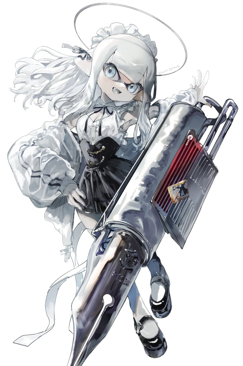 1girl dress fang flingza_roller_(splatoon) halo hand_on_own_hip highres inkling inkling_girl inkling_player_character jacket long_hair nintendo pointy_ears simple_background solo splatoon_(series) thighhighs ume_(plumblossom) white_background white_eyes white_hair white_jacket