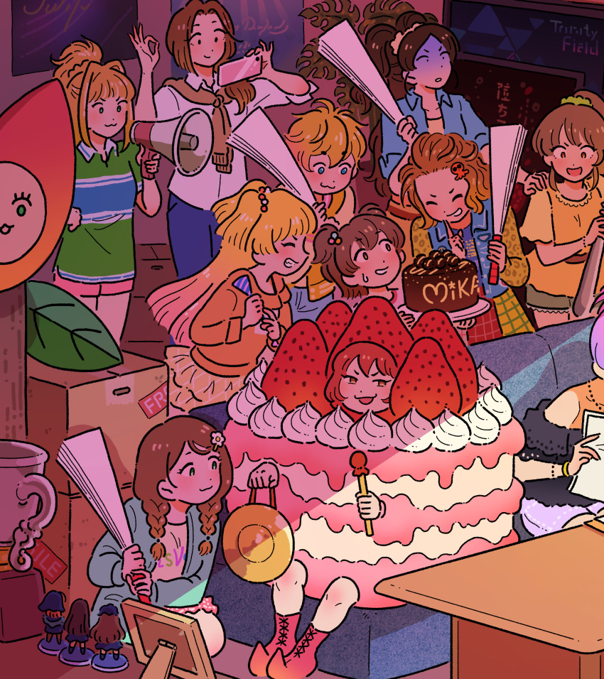 6+girls :3 akagi_miria akanishi_erika cake cake_costume cathy_graham character_name chocolate_cake couch cropped figure finger_to_mouth food hand_fan highres hino_akane_(idolmaster) holding holding_megaphone holding_phone hori_yuko idolmaster idolmaster_cinderella_girls indoors jennie_congee jougasaki_mika jougasaki_rika kawashima_mizuki megaphone multiple_girls namba_emi nonomura_sora office ok_sign phone shushing smile smug table taking_picture trophy ueda_suzuho ueki-chan