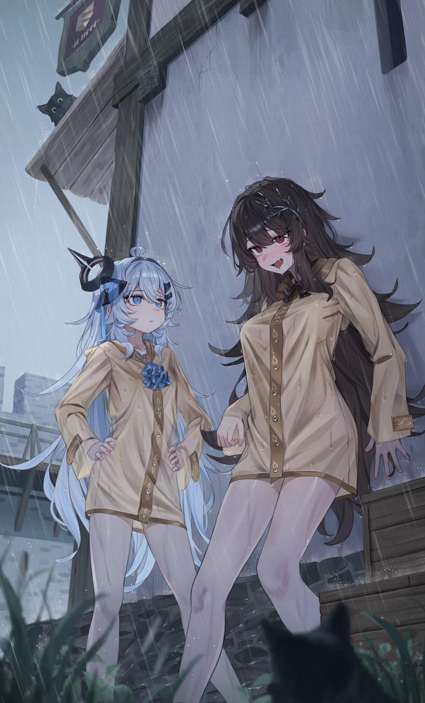 1girl 2girls absurdres ahisha_(di_le_to) black_hair blue_eyes blue_hair blush borrowed_character breasts cat di_le_to grass hands_on_own_hips highres long_hair looking_at_another looking_to_the_side medium_breasts multiple_girls open_mouth original outdoors raincoat rame_tree_(heuksaek) red_eyes see-through_clothes small_breasts standing very_long_hair wet wet_clothes