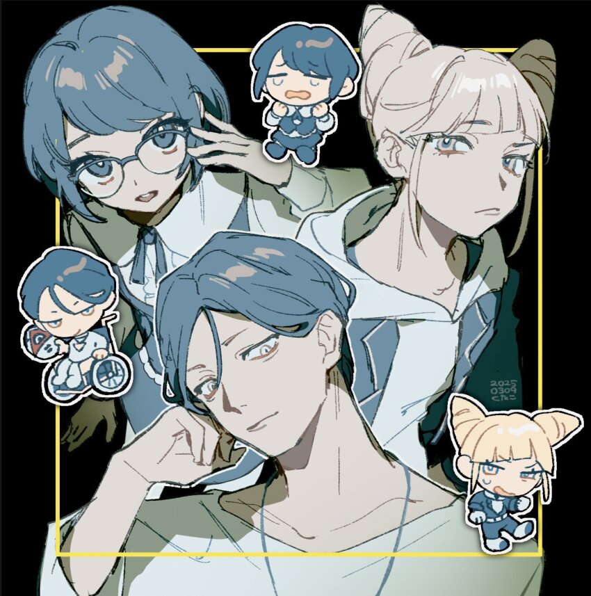 1boy 2girls :d adjusting_eyewear blonde_hair blue_eyes blue_hair blunt_bangs chibi chibi_inset closed_mouth collared_shirt commentary_request cone_hair_bun double_bun fukurai_azami glasses hair_bun hand_on_eyewear hand_on_own_cheek hand_on_own_face hand_up highres holding holding_mask jasmine_(toshi_densetsu_kaitai_center) jewelry jumpsuit kutako_(kutako138) limited_palette long_sleeves looking_at_viewer mask meguriya_ayumu multiple_girls necklace open_mouth puffy_sleeves shirt short_hair sitting smile swept_bangs tears toshi_densetsu_kaitai_center upper_body wheelchair white_shirt