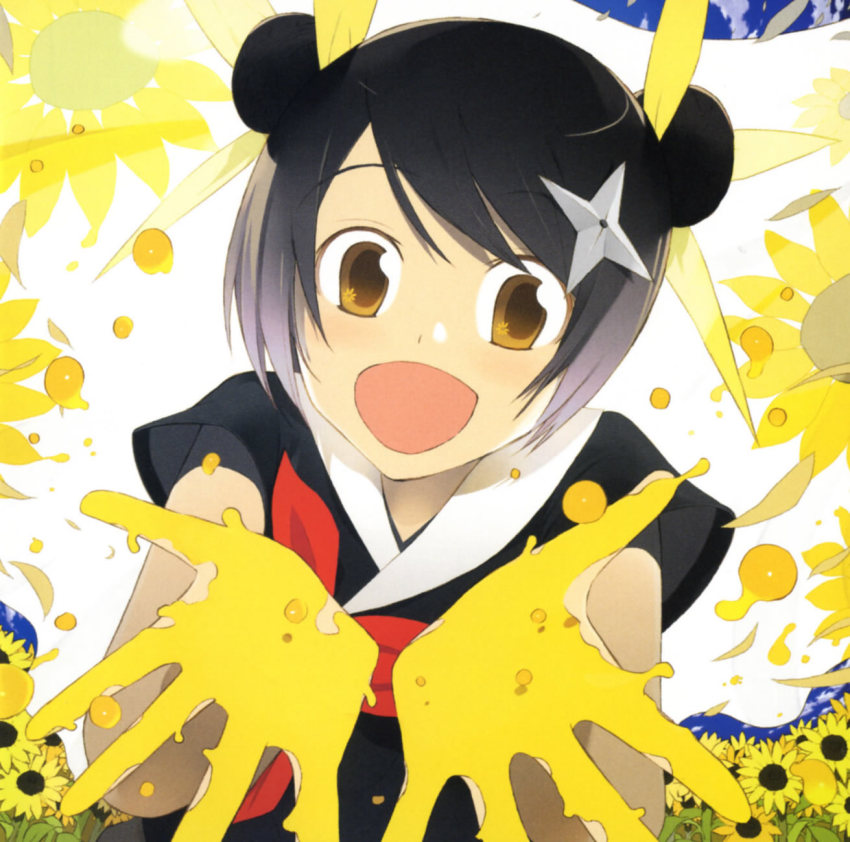 1girl black_hair brown_eyes double_bun female_focus flower hair_bun hair_ornament hair_ribbon highres himawari himawari! hinata_himawari japanese_clothes name_connection ninja object_namesake okama ribbon scan short_hair shuriken smile solo sunflower weapon