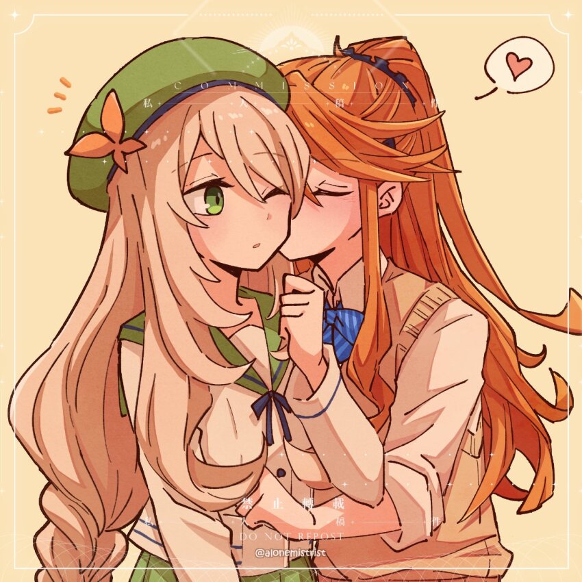 2girls ;o alonemistrist braid celine_(fire_emblem) closed_eyes commentary commission english_commentary etie_(fire_emblem) fire_emblem fire_emblem_engage green_hat green_sailor_collar hair_between_eyes hat heart highres kiss long_hair long_sleeves looking_at_another multiple_girls nintendo official_alternate_costume one_eye_closed open_mouth ponytail sailor_collar spoken_heart sweater_vest swept_bangs twitter_username upper_body yuri