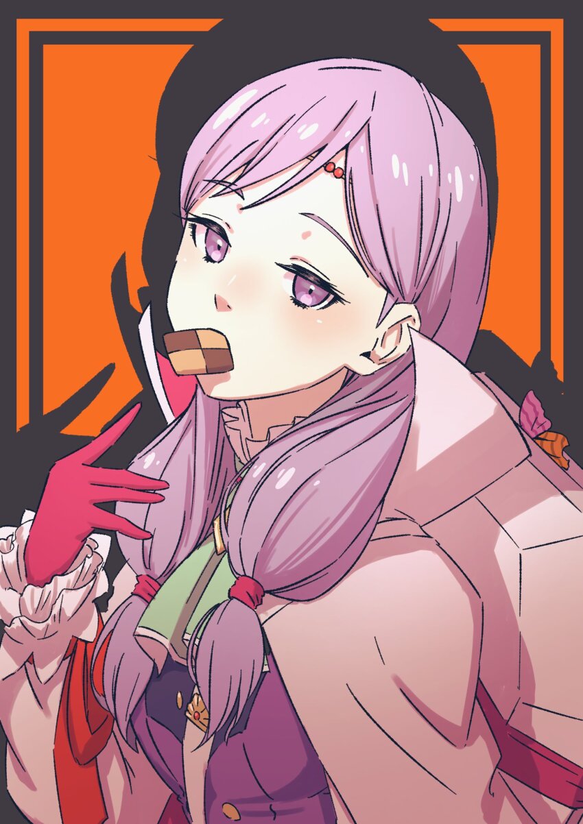 1girl aduti_momoyama aqua_ascot ascot cape circlet cookie drop_shadow fire_emblem fire_emblem:_path_of_radiance fire_emblem:_radiant_dawn fire_emblem_heroes food food_in_mouth gloves hand_up high_collar highres ilyana_(fire_emblem) ilyana_(halloween)_(fire_emblem) light_purple_hair long_sleeves looking_at_viewer low_twintails nintendo pink_gloves purple_eyes solo twintails white_cape