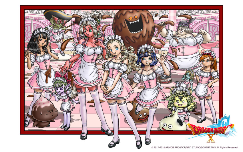 6+girls anlucea apron artist_request aruue black_eyes black_footwear black_hair blonde_hair blue_eyes blue_hair blue_skin blunt_bangs bob_cut border bow breasts character_request chili_(dq10) chocolate chocolate_on_body cleavage colored_skin copyright_logo creature_request curly_hair dragon_quest dragon_quest_x dress earrings fairy_wings fins fish_girl food_on_body frilled_hairband frills fuura_(dq10) goggles goggles_on_head gold_earrings green_eyes green_hair green_skin hair_bow hair_pulled_back hairband hands_on_own_hips head_fins highres hoop_earrings jewelry large_breasts long_hair looking_at_another looking_at_viewer maiyu_(dq10) mary_janes mask mature_female medium_breasts mole mole_under_mouth multiple_girls off_shoulder official_art official_wallpaper orange_hair pink_bow pink_dress plump puffy_short_sleeves puffy_sleeves purple_eyes purple_skin red_skin rizerotta_(dq10) sage_marine seraphy_(dq10) shoes short_sleeves shoulder_spikes slime_(dragon_quest) small_breasts somya_(dq10) sphere_earrings spikes stud_earrings tail thighhighs third-party_source waist_apron white_apron white_border white_hair white_thighhighs wings yellow_skin zettai_ryouiki