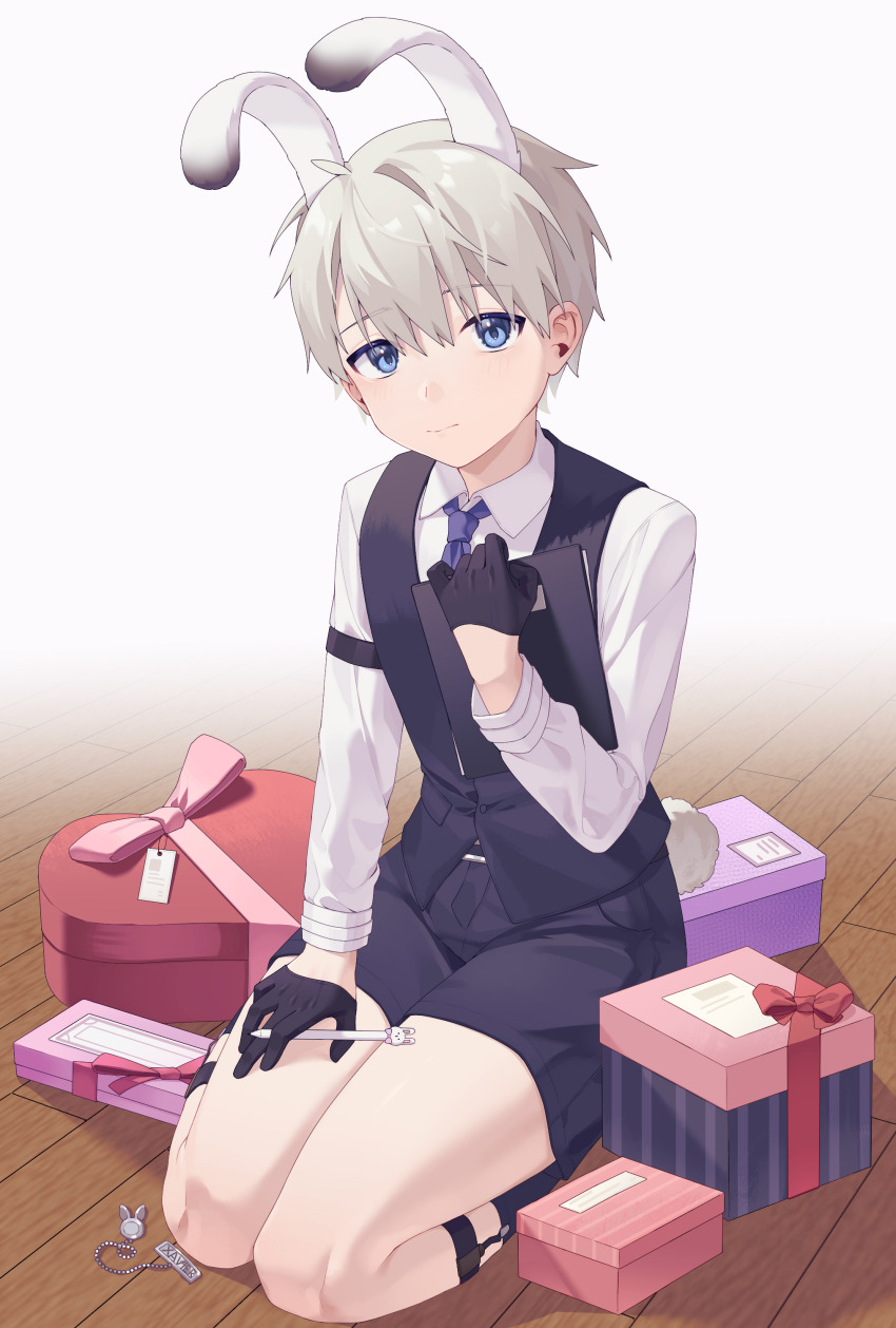 1boy absurdres aged_down animal_ears between_fingers bishounen black_gloves black_shorts black_socks black_vest blue_eyes blue_necktie box character_name clipboard closed_mouth collared_shirt dress_shirt eyuzi_i fading fake_animal_ears fake_tail full_body gift gift_box gloves half_gloves hand_on_own_thigh heart-shaped_box highres holding holding_clipboard legs_together legwear_garter light_smile long_sleeves looking_up love_and_deepspace male_focus male_playboy_bunny necktie on_floor pen pocket rabbit_ears rabbit_tail seiza shin_strap shirt short_hair shorts sitting socks solo tail thighs very_short_hair vest waistcoat white_hair white_shirt white_tail wing_collar wooden_floor xavier_(love_and_deepspace)