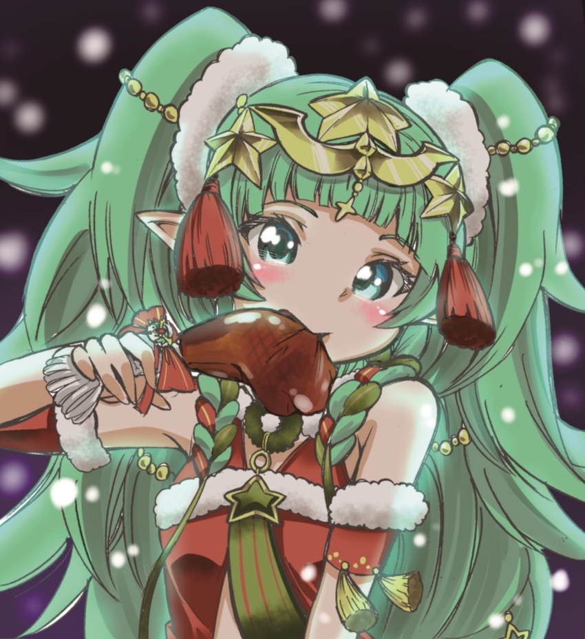 1girl braid eating female_focus fire_emblem fire_emblem:_three_houses fire_emblem_heroes food green_eyes green_hair hahe hair_ornament highres long_hair meat nintendo santa_costume side_braid snow solo sothis_(fire_emblem) sothis_(winter)_(fire_emblem) star_(symbol) star_hair_ornament turkey_leg very_long_hair