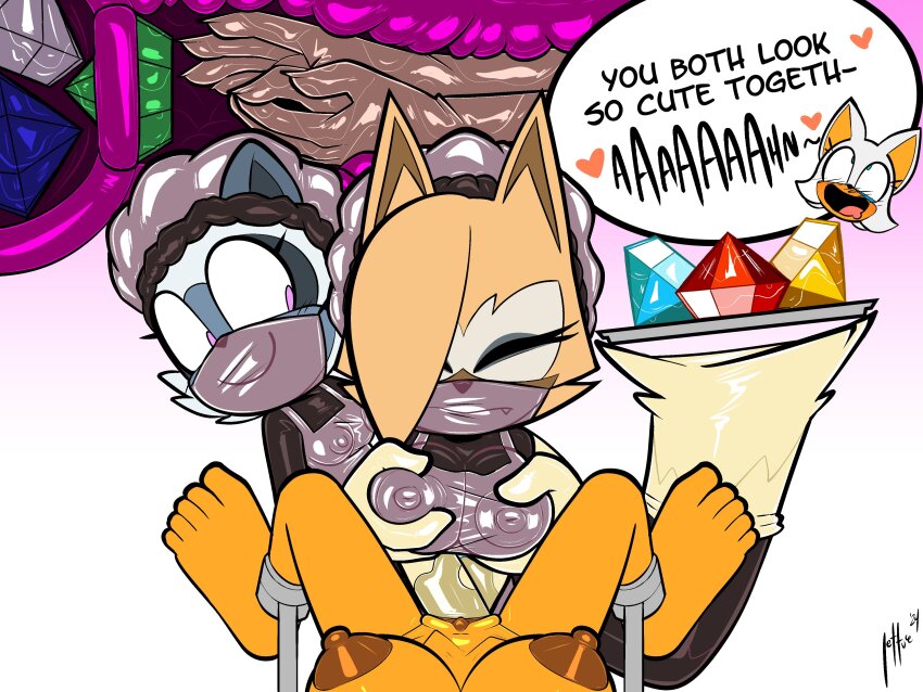 3girls absurdres apron chaos_emerald commission doctor dress elbow_gloves fisting gloves grabbing_another&#039;s_breast groping highres latex latex_dress latex_gloves mask medical_examination medical_scrubs mouth_mask multiple_girls qqlettuce rouge_the_bat see-through_clothes sonic_(series) sonic_the_hedgehog_(idw) surgeon surgical_cap surgical_mask tail tail_hold tangle_the_lemur tray uterus whisper_the_wolf x-ray yuri