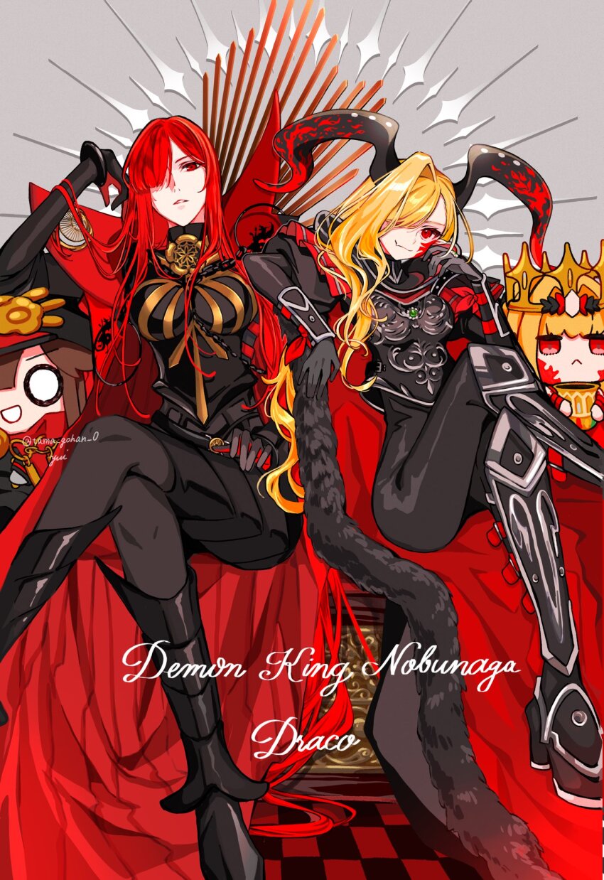 2girls armor armored_bodysuit armored_boots black_armor black_bodysuit black_gloves black_horns blonde_hair bodysuit boots breasts buster_shirt cape chain character_doll character_name checkered_floor collared_cape commentary crest crossed_legs dragon_horns facial_mark family_crest fate/grand_order fate_(series) fur-trimmed_cape fur_trim gloves grey_background hair_over_one_eye highres horns large_breasts long_hair long_horns looking_at_viewer medallion mini_nobu_(fate) multiple_girls nero_claudius_(fate) oda_nobunaga_(fate) oda_nobunaga_(maou_avenger)_(fate) oda_uri one_eye_covered pantyhose pointy_ears popped_collar pteruges queen_draco_(fate) queen_draco_(third_ascension)_(fate) red_cape red_eyes red_hair red_scales shoulder_plates sitting small_breasts smile tight_top twitter_username very_long_hair wavy_hair yui_(tamagohan)