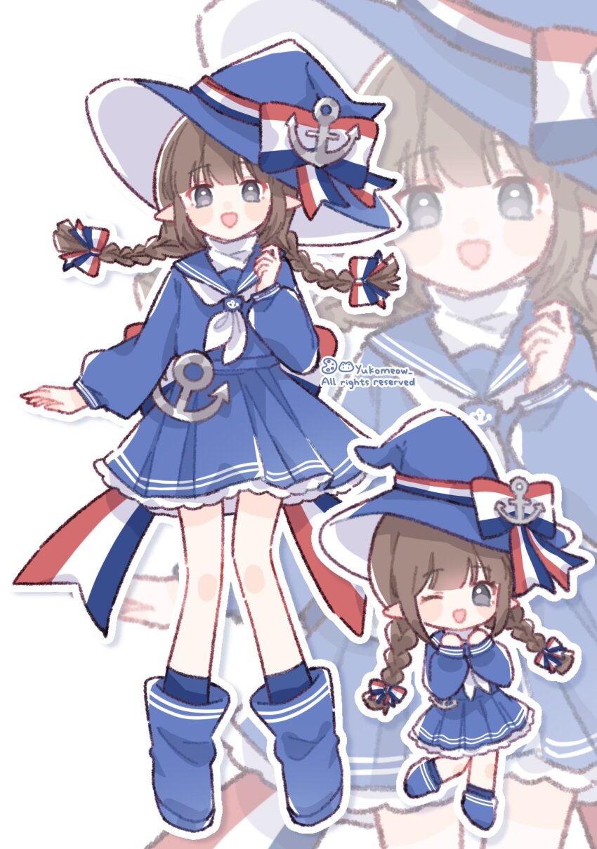 1girl anchor_hat_ornament back_bow blue_boots blue_bow blue_hat blue_shirt blue_skirt boots bow braid brown_hair chibi chibi_inset commentary frilled_skirt frills funamusea grey_eyes hair_bow hat hat_ornament highres leg_up long_hair multicolored_bow one_eye_closed oounabara_to_wadanohara outline own_hands_together pleated_skirt pointy_ears red_bow shirt skirt solo straight-on twin_braids wadanohara watermark white_background white_bow white_outline witch_hat yukomeow zoom_layer
