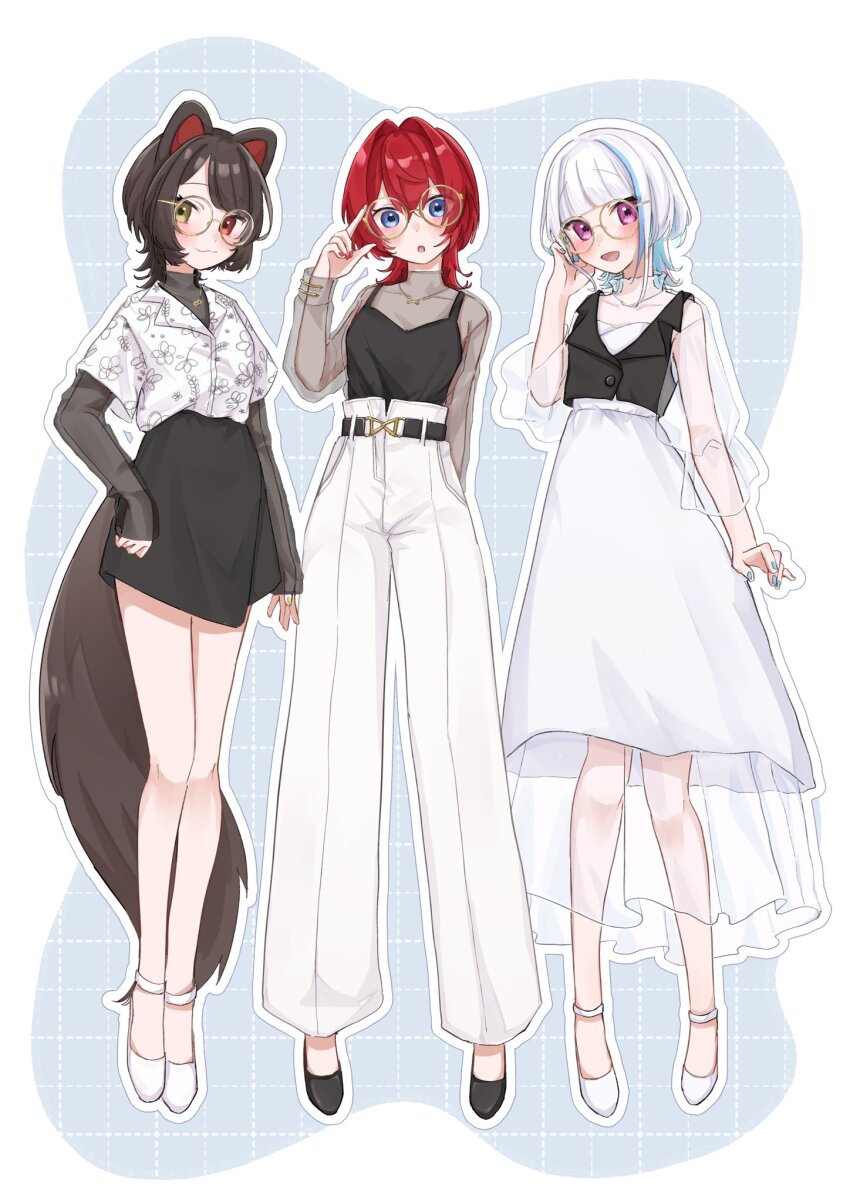 3girls 3znk :3 :d :o adjusting_eyewear alternate_costume alternate_hairstyle ange_katrina animal_ears baggy_pants bare_legs belt black_belt black_shoes black_skirt black_tank_top black_vest blue_background blue_eyes blue_hair blue_nails blunt_bangs blush border breasts brown_hair brown_tail closed_mouth commentary_request crossed_bangs dog_ears dog_girl dog_tail dress floral_print floral_print_shirt full_body green_nails grey_shirt grid_background hair_between_eyes hair_intakes hand_in_own_hair heterochromia highres inui_toko jewelry lapels lize_helesta long_bangs looking_at_viewer matching_eyewear medium_hair miniskirt multicolored_hair multiple_girls nail_polish necklace nijisanji notched_lapels open_mouth outline outside_border pants purple_eyes red_eyes red_hair red_nails round_eyewear sanbaka_(nijisanji) see-through_clothes see-through_shirt see-through_skirt_layer shirt shirt_tucked_in shoes skirt sleeves_past_wrists small_breasts smile standing streaked_hair swept_bangs tail tank_top two-tone_hair vest virtual_youtuber white_border white_dress white_hair white_outline white_pants white_shirt white_shoes wolf_cut yellow-framed_eyewear yellow_eyes