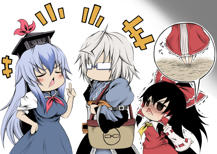 1boy 2girls :&lt; ahoge bag black_hair blue_hair breasts commentary_request duplicate glasses hakurei_reimu hand_up hat height_conscious height_difference height_envy hidefu_kitayan japanese_clothes kamishirasawa_keine large_breasts long_hair morichika_rinnosuke multiple_girls open_mouth pixel-perfect_duplicate reaching ribbon short_hair stretching touhou triangle_mouth unhappy very_long_hair white_hair