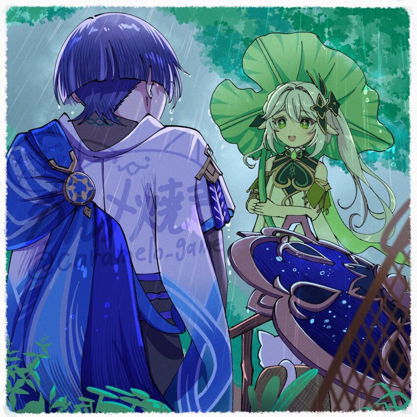 1boy 1girl armlet basket belt black_belt black_bodysuit blue_cape blue_hat blue_sleeves blunt_ends bodysuit bracelet bright_pupils cape caramelo_game cat cloud cloudy_sky cross-shaped_pupils detached_sleeves dress facing_away from_behind furisode genshin_impact gold gold_trim green_cape green_eyes green_sleeves grey_sky hair_between_eyes hair_intakes hair_ornament half_crown_braid hat highres holding holding_umbrella japanese_clothes jewelry jingasa kimono layered_sleeves leaf leaf_hair_ornament leaf_umbrella long_hair looking_at_another nahida_(genshin_impact) net open_mouth outdoors overcast pointy_ears purple_hair purple_rope purple_sash rain rope sash scaramouche_(genshin_impact) short_sleeves side_ponytail sidelocks sitting sky symbol-shaped_pupils twitter_username umbrella unworn_hat unworn_headwear wanderer_(genshin_impact) watermark white_cat white_dress white_hair white_kimono white_pupils white_sleeves white_trim