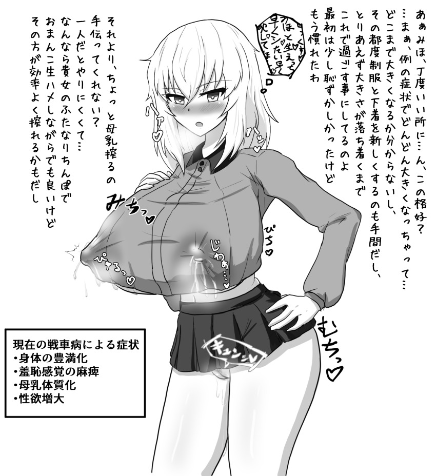 1girl blush breast_suppress breasts cleft_of_venus covered_erect_nipples cube_(huidama) girls_und_panzer hand_on_own_hip highres huge_breasts itsumi_erika kuromorimine_school_uniform lactation lactation_through_clothes medium_hair midriff monochrome no_panties open_mouth pubic_hair pussy solo text_focus translation_request