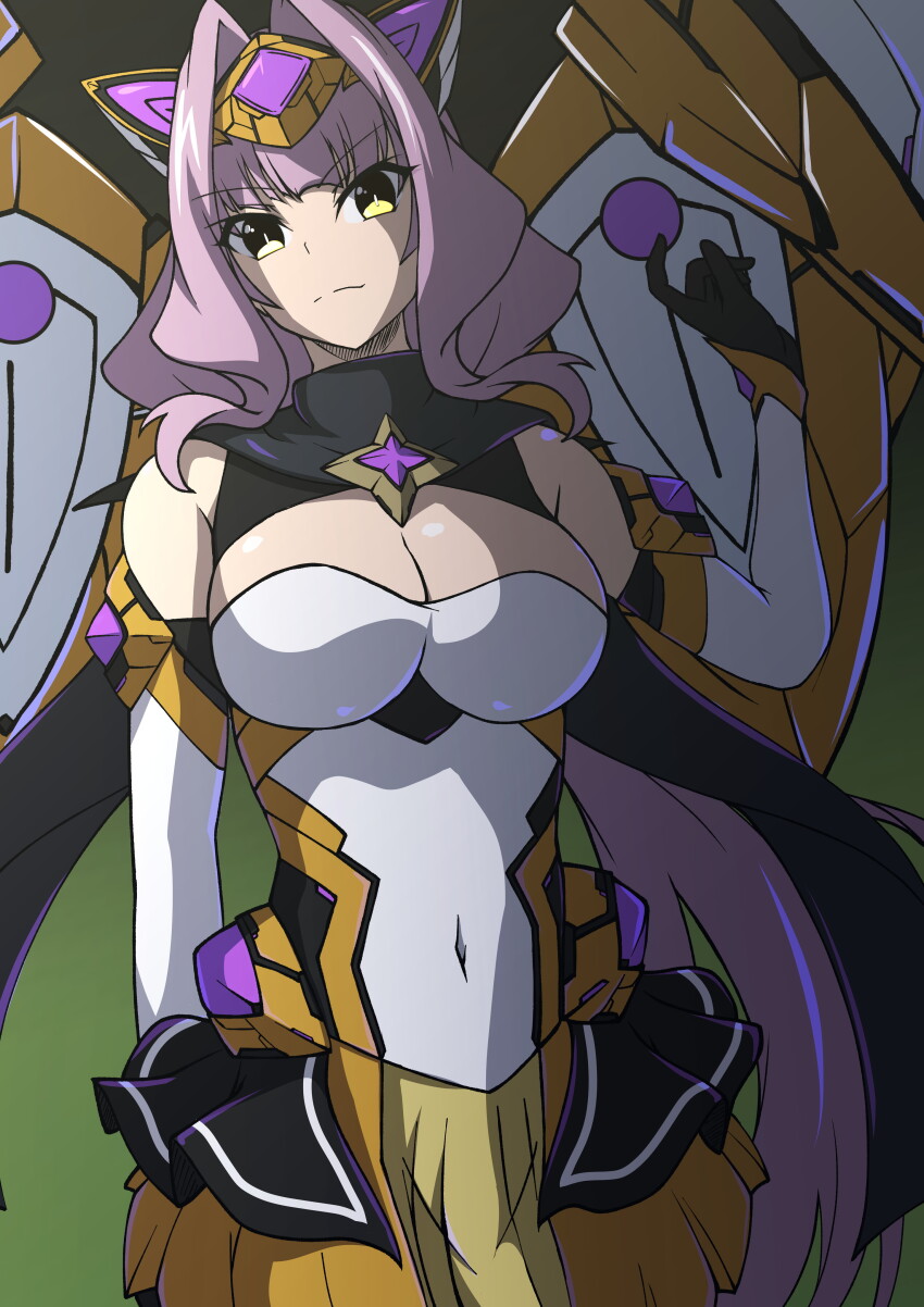 1girl absurdres aoi_tabane azarin_(kouyoku_senki_exs-tia) black_gloves breasts cleavage cleavage_cutout clothing_cutout cosplay covered_navel elbow_gloves exs-tia_magica gloves hair_intakes head_tilt headgear highres kouyoku_senki_exs-tia large_breasts long_hair looking_at_viewer magical_girl mechanical_wings purple_hair skirt solo very_long_hair wings yellow_eyes
