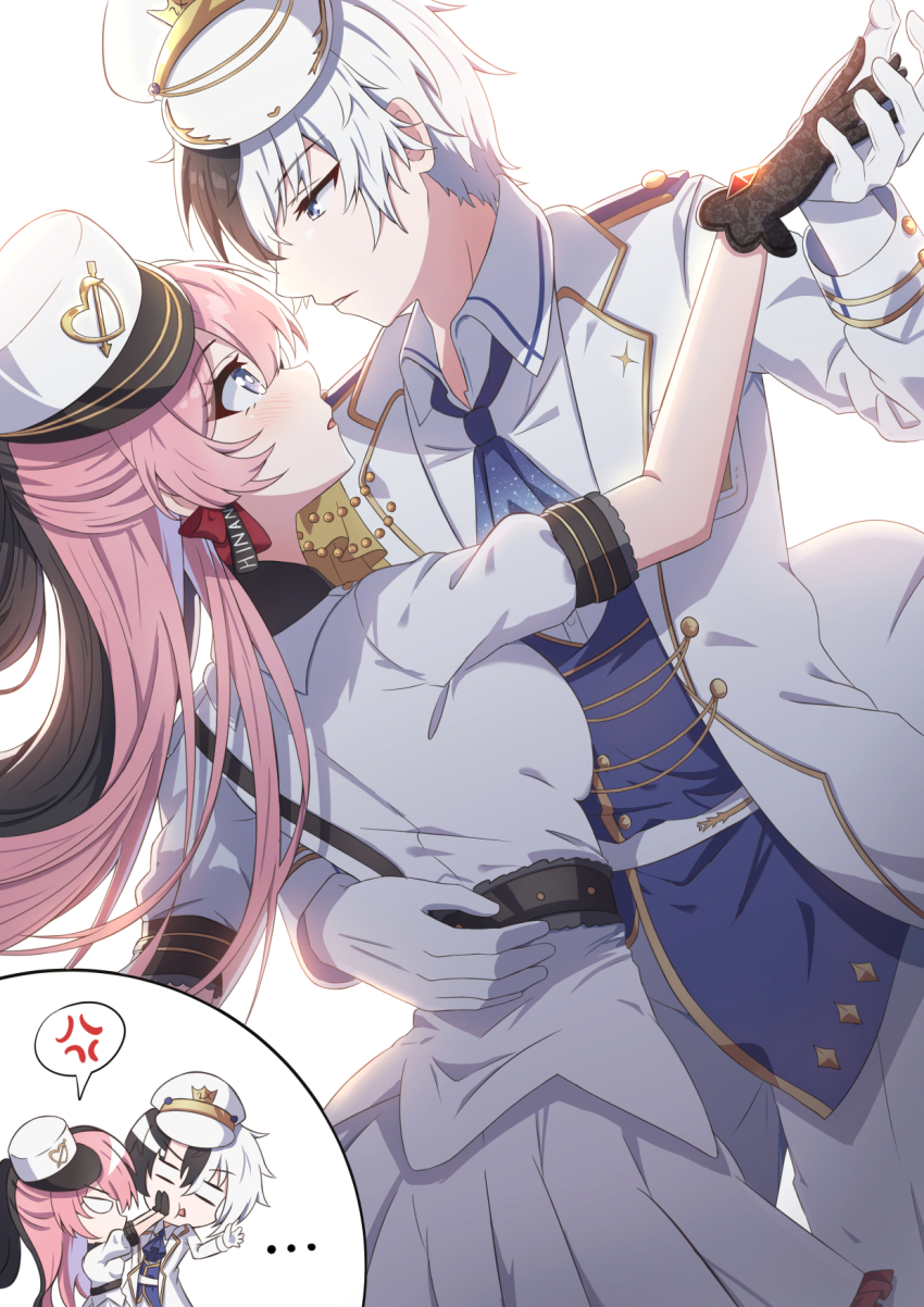 1boy 1girl anger_vein arrow_(projectile) arrow_through_heart backlighting black_gloves black_hair blank_eyes blue_eyes blue_vest blush breasts collared_shirt commentary_request eye_contact gloves grey_hair hand_grab hat heart hetero highres jacket kamito_(vtuber) looking_at_another medium_breasts multicolored_hair open_clothes open_jacket pants parted_lips peaked_cap pink_hair pleated_skirt purple_eyes shirt simple_background skirt spoken_anger_vein synn032 tachibana_hinano two-tone_hair vest virtual_youtuber vspo! white_background white_hat white_jacket white_pants white_shirt white_skirt