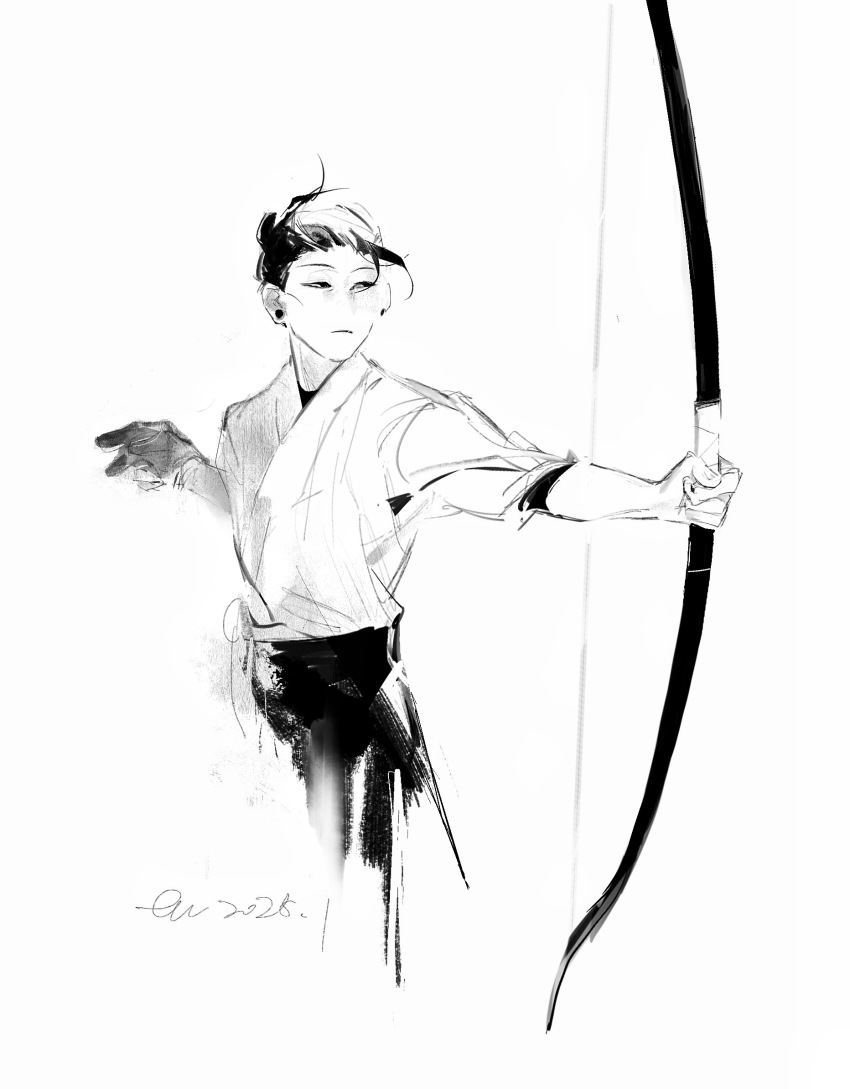 1boy archery artistguillotine bow_(weapon) chinese_commentary closed_mouth commentary_request dated earrings getou_suguru greyscale highres holding holding_bow_(weapon) holding_weapon japanese_clothes jewelry jujutsu_kaisen kimono kyuudou monochrome short_hair short_sleeves signature simple_background sketch solo weapon white_background yumi_(bow)