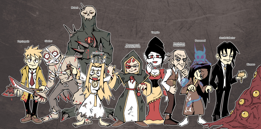 2others 3girls 5boys arms_up axe bags_under_eyes bald balding bandaged_arm bandaged_chest bandaged_head bandages black_background black_capelet black_corset black_eyes black_hair black_pants black_suit black_tunic blonde_hair blood blood_on_axe blood_on_clothes blood_on_hands bloody_weapon body_horror book brown_eyes brown_footwear brown_pants brown_socks brown_tunic brown_vest burn_scar candle_on_head capelet character_name collared_shirt colored_skin commentary constricted_pupils corset crazy_eyes dagger doll dress english_commentary exposed_bone eyeball facial_hair fingernails flesh formal_clothes full_body ghost goatee_stubble grey_hair grey_skin hand_on_own_chin head_tilt highres holding holding_axe holding_book holding_dagger holding_doll holding_knife holding_machete holding_pocket_watch holding_weapon hood hooded_capelet hooded_tunic horror_(theme) jewelry knife long_hair long_sleeves looking_at_viewer mixed-language_commentary multiple_boys multiple_girls multiple_others mutation necklace necktie old old_man open_mouth original outstretched_arms pale_skin pants pocket_watch pointy_ears possessed red_dress red_eyes red_necktie scar scar_on_face setz sharp_fingernails shirt shoes short_hair socks spikes stubble suit thick_eyebrows topless_male torn_clothes torn_pants tunic vampire very_long_hair vest watch weapon white_dress white_shirt white_socks wide-eyed