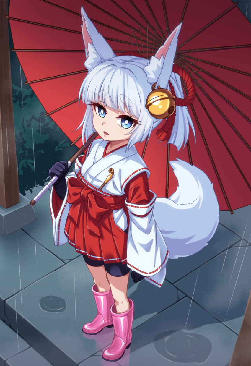 1girl animal_ears blue_eyes boots fox_ears fox_girl fox_tail from_above gloves highres holding holding_umbrella japanese_clothes kuon_shiraha_(kyuutou) kyuutou_(kyuutouryuu) miko open_mouth original outdoors pink_boots puddle rain solo standing tail umbrella white_hair