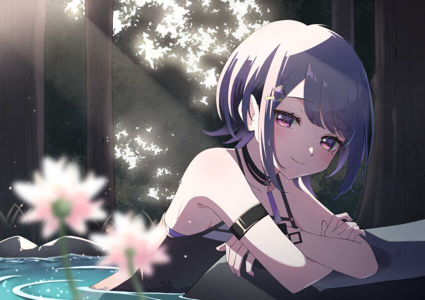 1girl absurdres akashi_(4kc_27) black_choker black_shirt blush choker emoji flower highres in_water koshimizu_toru mole mole_under_eye nijisanji outdoors purple_eyes purple_hair purple_nails shirt short_hair sleeveless smile solo virtual_youtuber white_flower