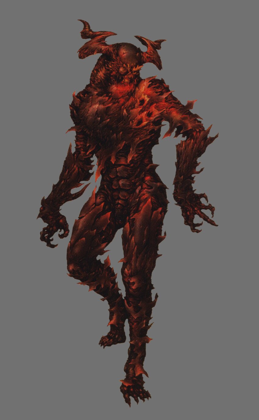 1boy abs absurdres claws clenched_teeth demon&#039;s_souls fire flamelurker flaming_skull highres horns looking_to_the_side male_focus molten_metal monster official_art one-eyed scan skeleton skull solo teeth
