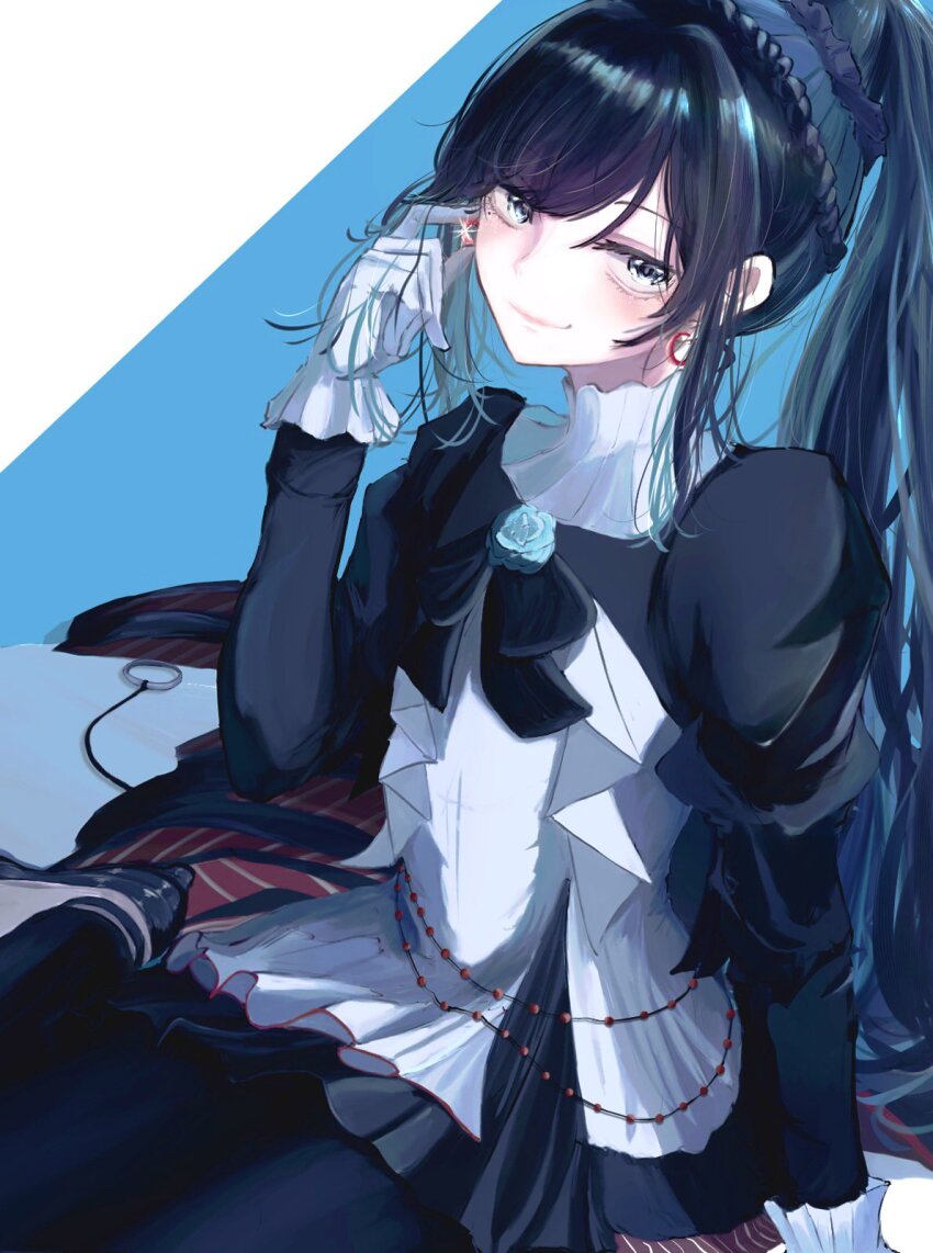 1girl ado_(utaite) black_bow black_bowtie black_dress black_pants blue_eyes blue_flower blue_hair blue_rose bow bowtie chando_(ado) closed_mouth commentary dress flower flower_brooch glint gloves highres juliet_sleeves kura_sushi long_hair long_sleeves looking_at_viewer mole mole_under_eye official_alternate_costume pants ponytail puffy_sleeves rose sidelocks solo tanake_(tanakei_ado) utaite white_gloves