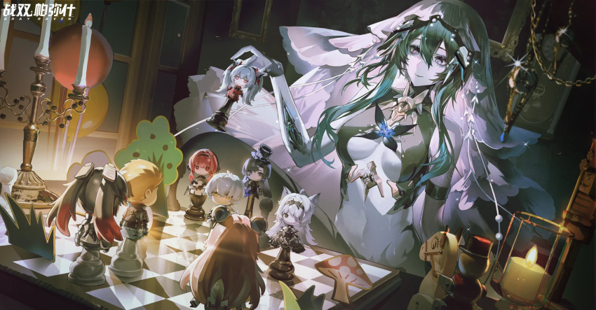 1girl balloon board_game breasts candle candlestand chess chess_piece chessboard chrome:_glory_(pgr) chrome_(pgr) cleavage clock fire hair_between_eyes highres holding holding_chess_piece indoors lamia:_lost_lullaby_(abyssal_dye)_(pgr) lamia:_lost_lullaby_(pgr) lamia_(pgr) lilith_(pgr) lucia:_plume_(pgr) lucia_(pgr) luna:_oblivion_(pgr) luna_(pgr) medium_breasts no._21:_feral_scent_(pgr) no._21_(pgr) official_alternate_costume official_art punishing:_gray_raven smile teddy_(pgr) underboob veil vera:_garnet_(pgr) vera_(pgr) wanshi:_lucid_dreamer_(pgr) wanshi_(pgr)