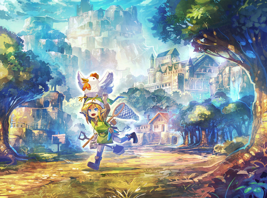 1boy blonde_hair blue_eyes boomerang boots bottle butterfly_net cucco hand_net hat hookshot link male_focus mallet nintendo pointy_ears scenery shovel smile the_legend_of_zelda worktool zounose