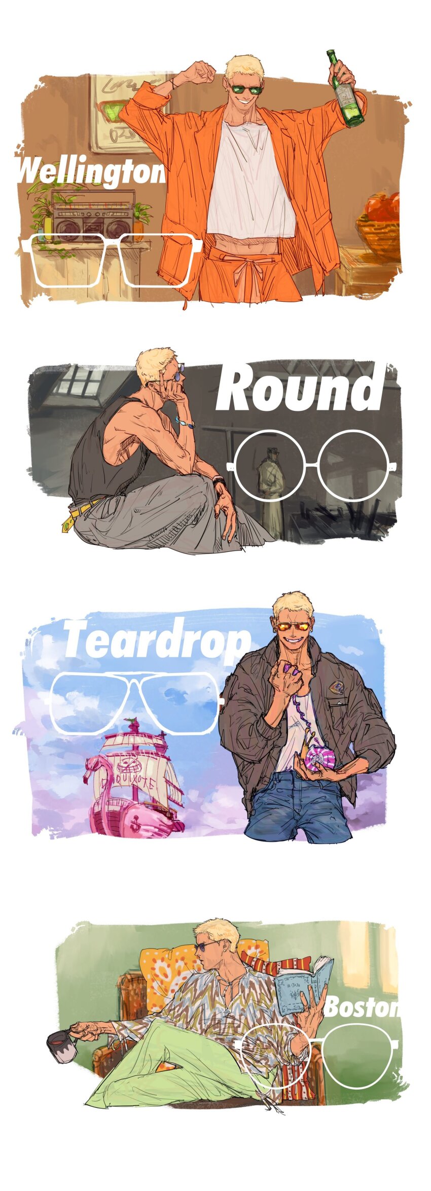2boys absurdres basket bird black_shirt blonde_hair book bottle bracelet cup den_den_mushi denim donquixote_doflamingo earrings english_text flamingo glass head_rest highres holding holding_book holding_bottle holding_cup holding_phone jacket jeans jewelry male_focus multiple_boys muscular muscular_male navel one_piece orange_jacket pants phone pillow plant potted_plant ship shirt short_hair sitting sleeveless sleeveless_shirt smile standing sunglasses teeth variations vergo_(one_piece) watercraft white_shirt wristband yukhoe0902