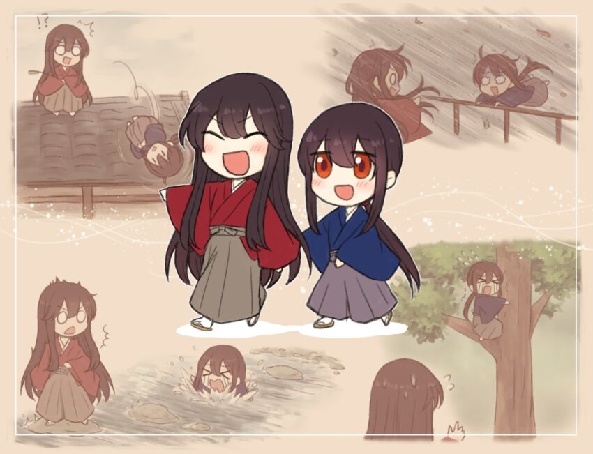 !? &gt;_&lt; 1boy 1girl :d aged_down architecture black_hair blank_eyes blown_away blue_kimono blush border brother_and_sister brown_background center-flap_bangs chibi chibi_only child closed_eyes colored_shadow crying east_asian_architecture falling fate/grand_order fate_(series) floating_hair flying_sweatdrops full_body grey_hakama hair_between_eyes hakama hakama_pants hand_on_railing hand_up inset_border japanese_clothes kimono light_particles long_hair long_sleeves looking_at_another low_ponytail motion_lines oda_nobukatsu_(fate) oda_nobunaga_(fate) on_roof open_mouth pants partially_submerged ponytail rectangular_mouth red_eyes red_kimono river riverbank rock sandals shaded_face shadow siblings sidelocks sitting sitting_on_branch smile splashing stepping_stones streaming_tears surprised sweatdrop tabi tears teramoto_kei tile_roof tree v-shaped_eyebrows very_long_hair walking wavy_eyes wavy_mouth white_border wide_sleeves wind zouri