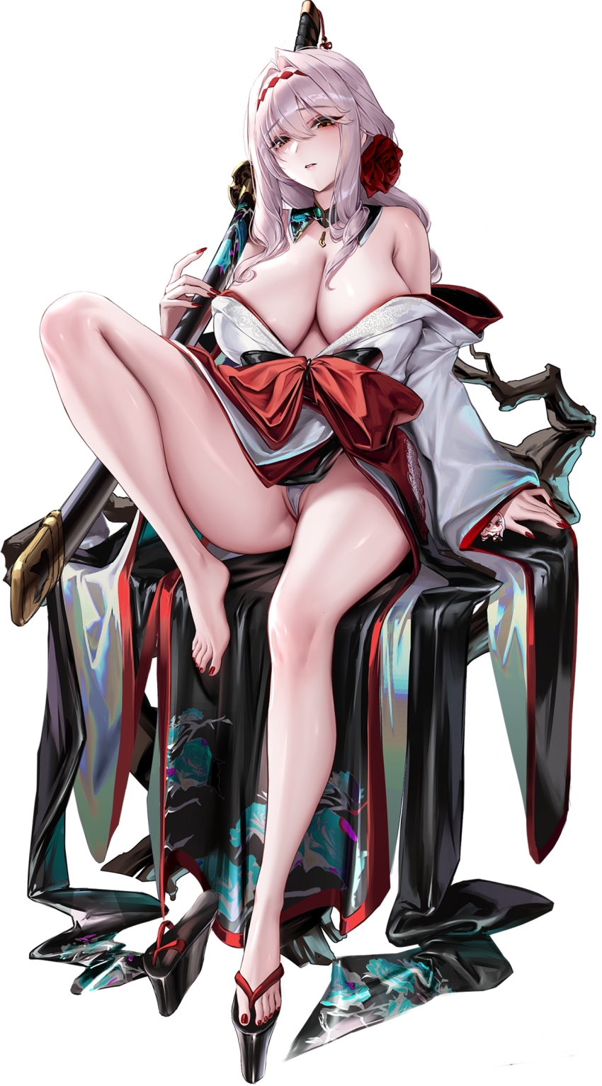 1girl bare_legs breasts brown_eyes cian_yo cleavage clothes_down doro_(nikke) dorsiflexion feet floral_print flower goddess_of_victory:_nikke grey_background grey_hair hair_between_eyes highres holding holding_sword holding_weapon japanese_clothes katana kimono large_breasts legs long_hair moon nail_polish obi okobo panties platform_clogs platform_sandals red_flower red_nails red_rose rose sandals sash scabbard scarlet_(black_shadow)_(longing_flower)_(nikke) scarlet_(black_shadow)_(nikke) scarlet_(nikke) sheath sheathed sidelocks simple_background sitting solo sword thighs toenail_polish toenails toes tree two-tone_kimono underwear weapon white_panties wide_sleeves