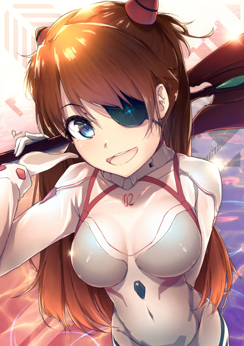 1girl artist_name blue_eyes blush bodysuit breasts clothes_writing dermar evangelion:_3.0+1.0_thrice_upon_a_time evening eyepatch gloves highres holding holding_weapon interface_headset_(evangelion) lens_flare long_hair looking_at_viewer mecha_pilot_suit medium_breasts neon_genesis_evangelion ocean open_mouth orange_hair outdoors plugsuit_(evangelion) polearm rebuild_of_evangelion skin_tight smile solo souryuu_asuka_langley spear spear_of_cassius two_side_up very_long_hair water weapon white_bodysuit white_gloves