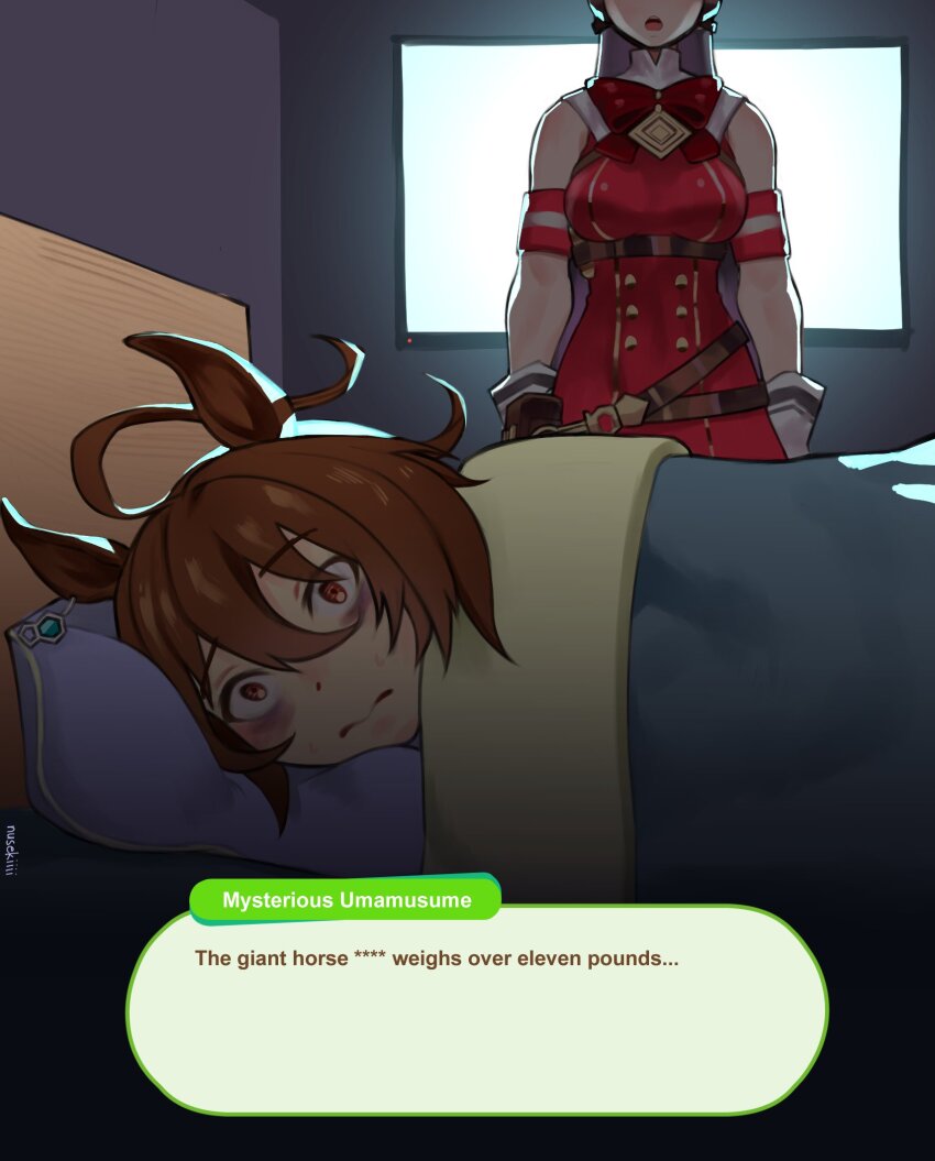 2girls agnes_tachyon_(umamusume) animal_ears bags_under_eyes bow brown_hair commentary dress english_commentary english_text gold_ship_(umamusume) highres horse_ears horse_girl indoors multiple_girls nusekiiii on_bed pillow red_bow red_dress red_eyes umamusume under_covers wide-eyed