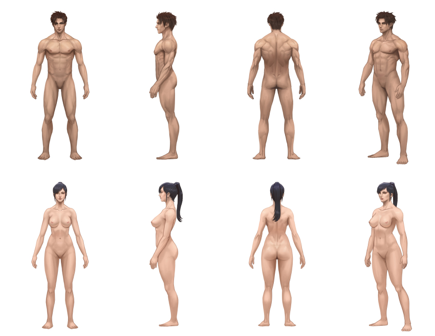 1boy 1girl abs absurdres ass black_hair breasts brown_eyes brown_hair collarbone completely_nude high_ponytail highres medium_breasts multiple_views muscular navel nipples no_penis no_pussy nude original ponytail sam_delatore turnaround