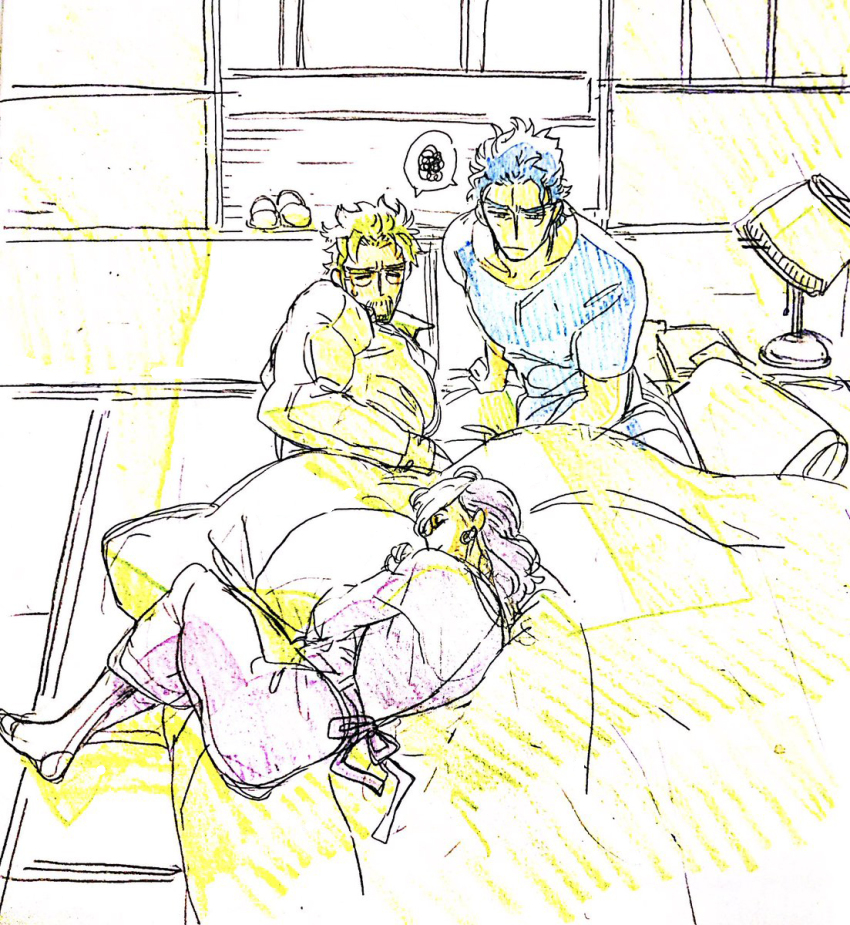 1girl 2boys apron father_and_daughter grandfather_and_grandson highres indoors jojo_no_kimyou_na_bouken joseph_joestar joseph_joestar_(old) kuujou_holly kuujou_joutarou long_hair mother_and_son multiple_boys sleeping smile spoken_squiggle squiggle stardust_crusaders user_stsd5428