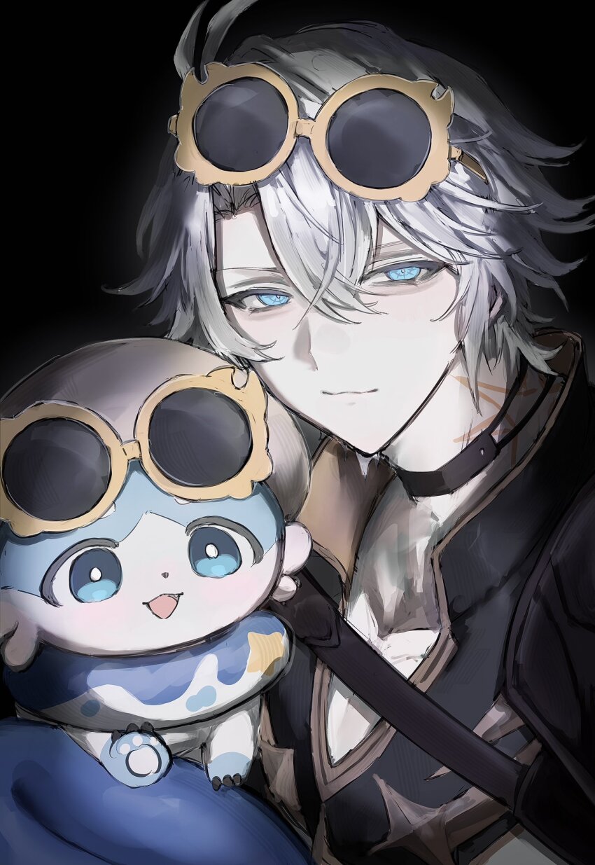 1boy antenna_hair black_background black_choker black_shirt blue_eyes bubbles_(honkai:_star_rail) chimera_(honkai:_star_rail) choker closed_mouth collared_shirt eyewear_on_head hair_between_eyes hashtag-only_commentary hat highres honkai:_star_rail honkai_(series) kashiko_0911 looking_at_viewer male_focus phainon_(honkai:_star_rail) shirt short_hair simple_background solo straw_hat sun_symbol sun_tattoo sunglasses swim_ring tan white_hair