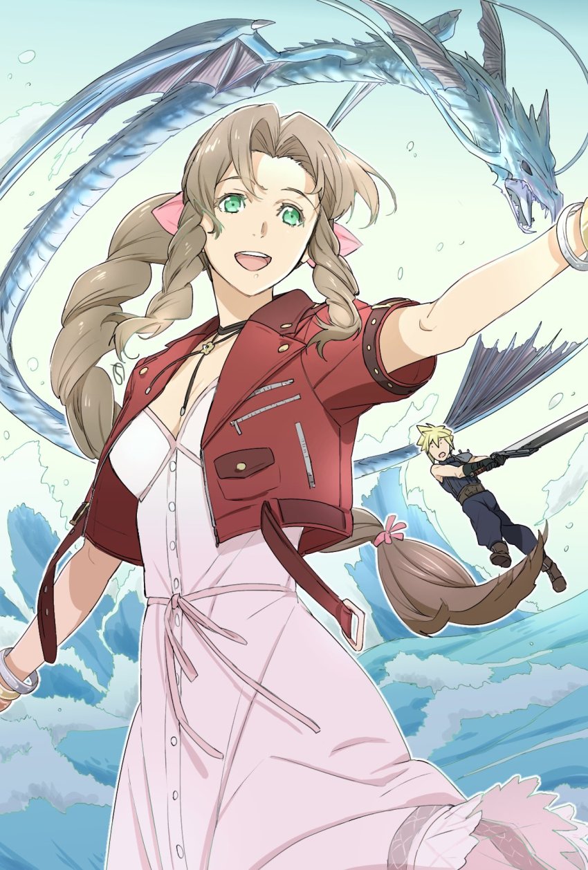 1boy 1girl aerith_gainsborough blonde_hair blue_pants braid breasts brown_hair cloud_strife cropped_jacket dress final_fantasy final_fantasy_vii from_side green_eyes hair_ribbon highres jacket jewelry kobayashi_chizuru leviathan_(final_fantasy) long_hair pants pink_dress pink_ribbon ponytail ribbon single_braid smile spiked_hair square_enix sword turtleneck water waving weapon