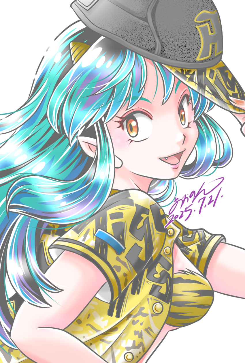 1girl 2025 :d animal_print aononmi baseball_cap blue_hair bra breasts dated dress_shirt fang from_side grey_hat hat highres horns long_hair looking_at_viewer lum medium_breasts multicolored_hair open_clothes open_mouth open_shirt orange_eyes pointy_ears shirt short_sleeves signature smile solo striped_bra striped_clothes tiger_print tiger_stripes underwear upper_body urusei_yatsura white_background yellow_bra yellow_shirt