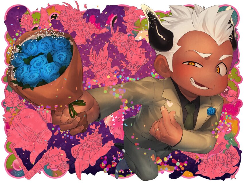 1girl 1other 2023 6+boys arc_(housamo) azathoth_(housamo) babalon_(housamo) black_horns black_shirt blue_flower blue_rose blush bouquet boutonniere brown_suit chibi child collared_shirt commentary_request confetti cthugha_(housamo) dagon_(housamo) dark-skinned_male dark_skin demon_horns devil_(housamo) fang floral_print flower formal_clothes full_body green_necktie hastur_(housamo) heart heart_hands highres holding holding_bouquet horns jewelry male_focus mid_(mid_skb) multiple_boys necktie nodens_(housamo) nyarlathotep_(housamo) open_mouth outline pink_outline raised_eyebrows ring rose shirt short_hair sideburns signature smile solo_focus sparkle suit surtr_(housamo) tentacles tindalos_(housamo) tokyo_houkago_summoners tsathoggua_(housamo) uneven_eyes white_background white_hair yellow_eyes yog-sothoth_(housamo) zhurong_(housamo)