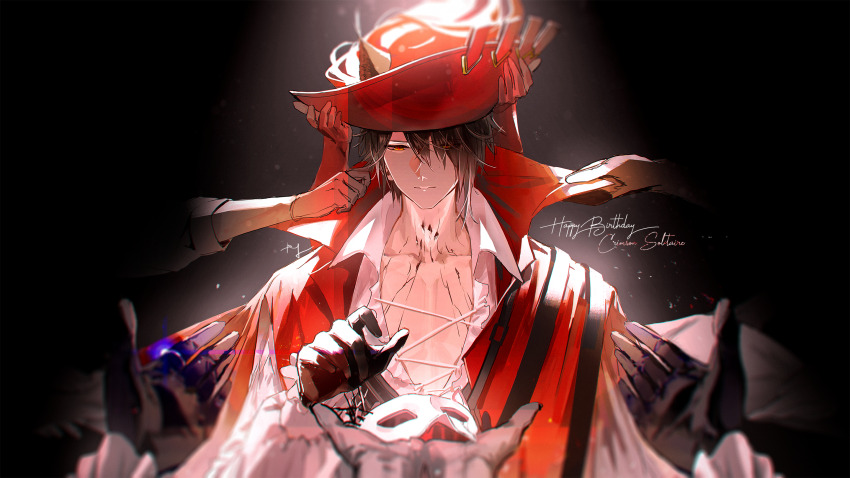 1boy arknights black_gloves cape commentary_request gloves grey_hair highres holding holding_mask kiri_(pyonta) male_focus mask material_growth oripathy_lesion_(arknights) phantom_(arknights) phantom_(focus)_(arknights) red_cape red_headwear shirt solo_focus upper_body white_shirt
