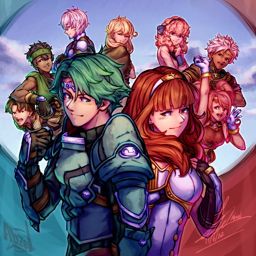alm_(fire_emblem) armor armored_dress artist_name blonde_hair boey_(fire_emblem) brown_hair cape celica_(fire_emblem) coat dark-skinned_male dark_skin dress faye_(fire_emblem) fingerless_gloves fire_emblem fire_emblem_echoes:_shadows_of_valentia fire_emblem_gaiden gauntlets genny_(fire_emblem) gloves gray_(fire_emblem) green_eyes green_hair hand_on_own_chest hand_on_own_face headband highres iamblz_twt kliff_(fire_emblem) long_hair looking_at_another mae_(fire_emblem) multiple_boys multiple_girls nintendo open_mouth orange_eyes orange_hair pink_hair short_hair shoulder_pads signature sleeveless smile spiked_hair teeth tobin_(fire_emblem)
