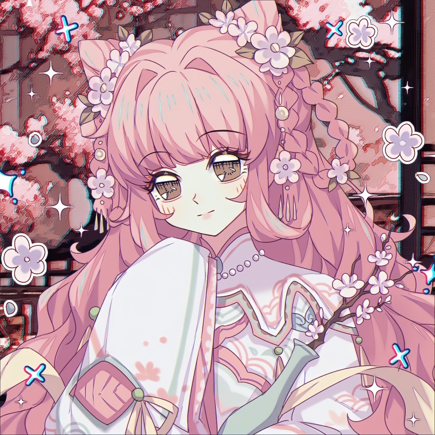 1girl absurdres artist_request blunt_bangs braid braided_hair_rings brown_eyes cherry_blossoms chinese_clothes chinese_commentary closed_mouth commentary_request cone_hair_bun double_bun eyelashes floral_print flower hair_bun hair_flower hair_intakes hair_ornament hair_rings hand_up hanfu happy highres holding_vase indoors lattice leaf light_blush lipstick long_hair long_sleeves makeup mandarin_collar miracle_nikki nikki_(nikki) nikki_(series) pink_flower pink_hair pink_lips pointy_nose purple_flower ribbon second-party_source sleeve_ribbon sleeves_past_fingers sleeves_past_wrists smile solo sparkle tareme upper_body very_long_hair white_hanfu wide_sleeves yellow_ribbon