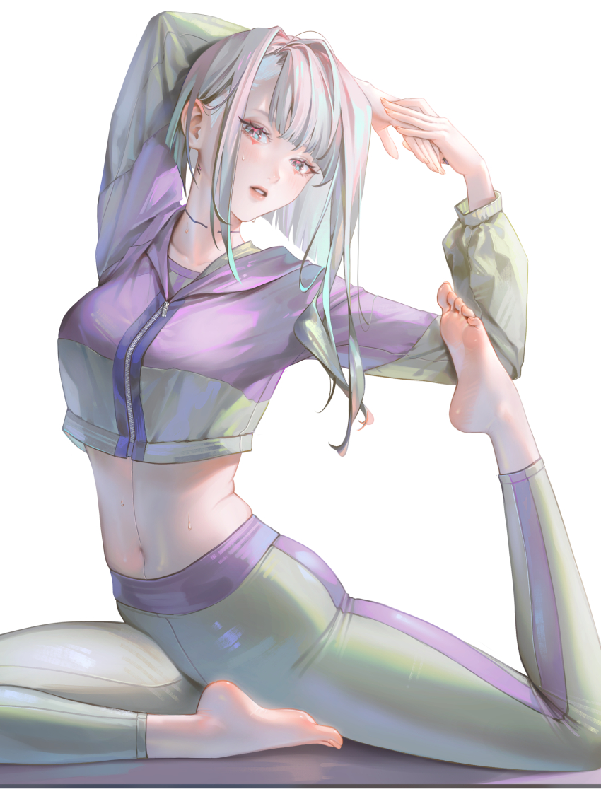 1girl absurdres arms_behind_head barefoot bob_cut commentary_request crop_top cropped_jacket cyberpunk_(series) cyberpunk_edgerunners cyborg feet flexible highres hood hood_down hooded_jacket jacket legs long_sleeves looking_at_viewer lucy_(cyberpunk) midriff multicolored_eyes navel own_hands_together pants parted_lips pigeon_pose short_hair_with_long_locks sidelocks simple_background soles solo sweat tamaki_(tamaki599) tight_clothes toenails toes white_background yoga yoga_mat yoga_pants