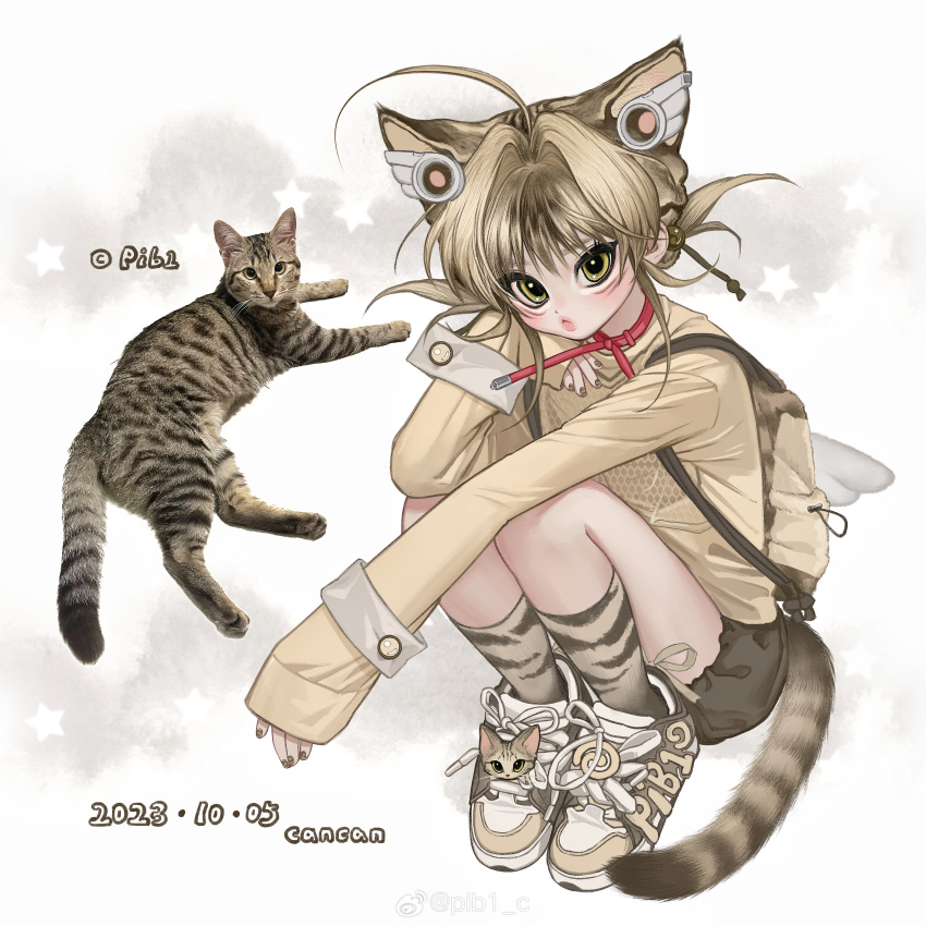 1girl absurdres angel_wings animal_collar animal_ears ankle_socks artist_name backpack bag black_nails black_shorts bow braid brown_bag brown_ribbon brown_shoes brown_socks cat_ears cat_girl cat_tail chinese_commentary collar commentary_request dated footwear_ribbon full_body green_eyes hair_between_eyes hair_intakes hair_ornament half_up_braid hand_on_own_cheek hand_on_own_face highres kneeling knees_up light_blush lipstick long_sleeves makeup multicolored_shoes nail_polish original parted_lips photo_inset pib1_c pink_lips red_collar ribbon shirt shoes short_hair shorts sitting sleeves_past_wrists sneakers socks solo star_(symbol) star_symbol_background striped_bow striped_clothes striped_socks tabby_cat tail two-tone_shoes updo watermark weibo_watermark white_background white_shoes white_wrist_cuffs wing_hair_ornament winged_bag wings wrist_cuffs yellow_shirt