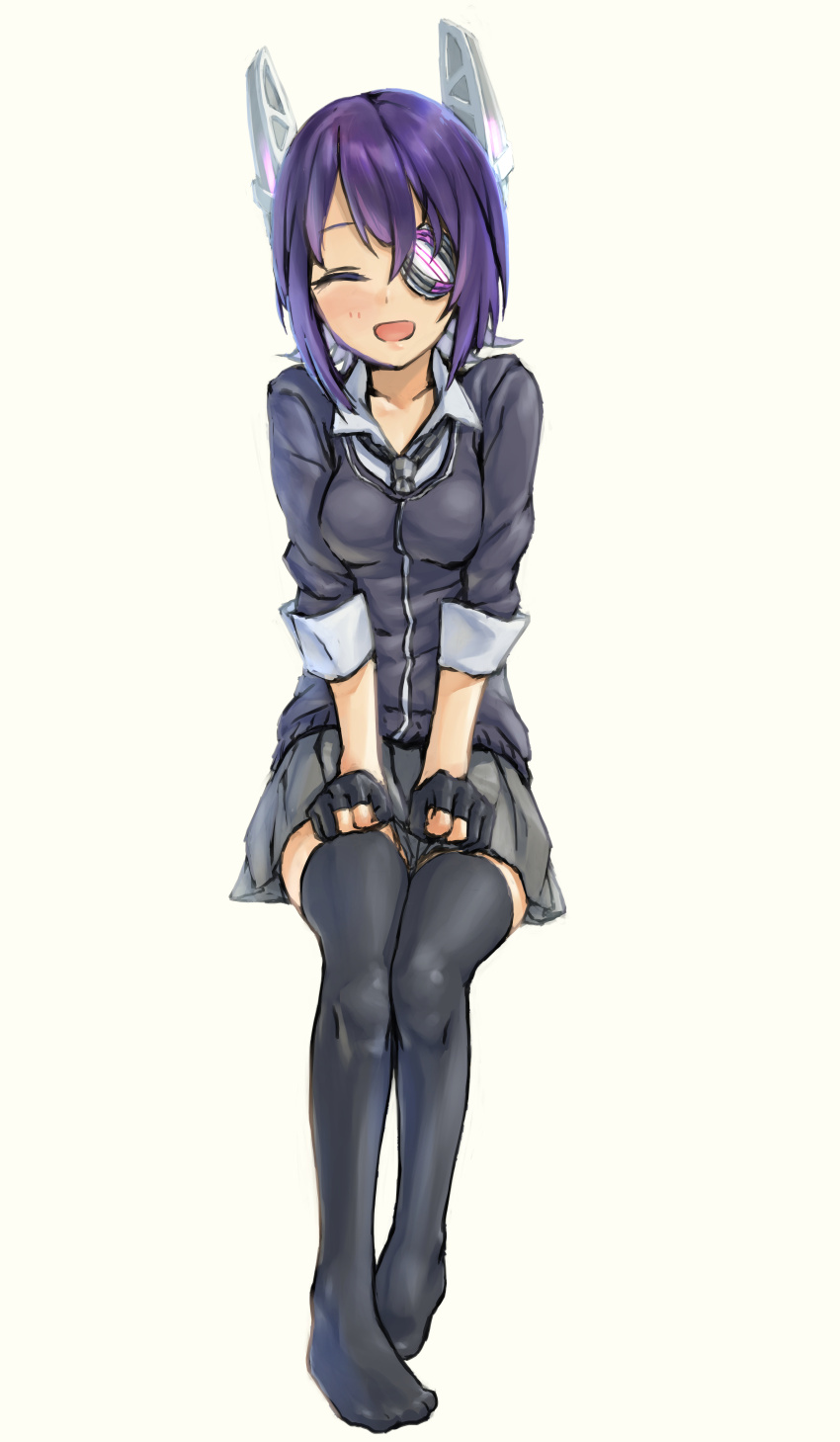 1girl absurdres black_cardigan black_gloves black_thighhighs blush breasts cardigan clenched_hands closed_eyes collared_shirt eyepatch facing_viewer gloves grey_skirt hair_between_eyes headgear highres invisible_chair kangoku_kou kantai_collection medium_breasts necktie open_mouth partially_fingerless_gloves pleated_skirt purple_hair shirt short_hair simple_background sitting skirt solo tenryuu_(kancolle) thighhighs yellow_background